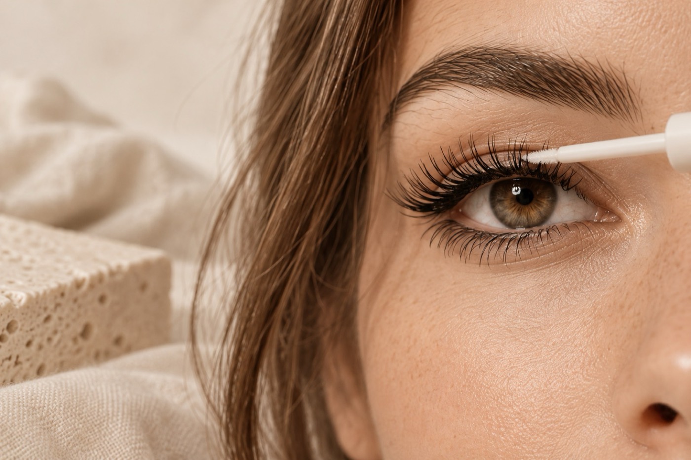 A white applicator coating the finished lash line with seal